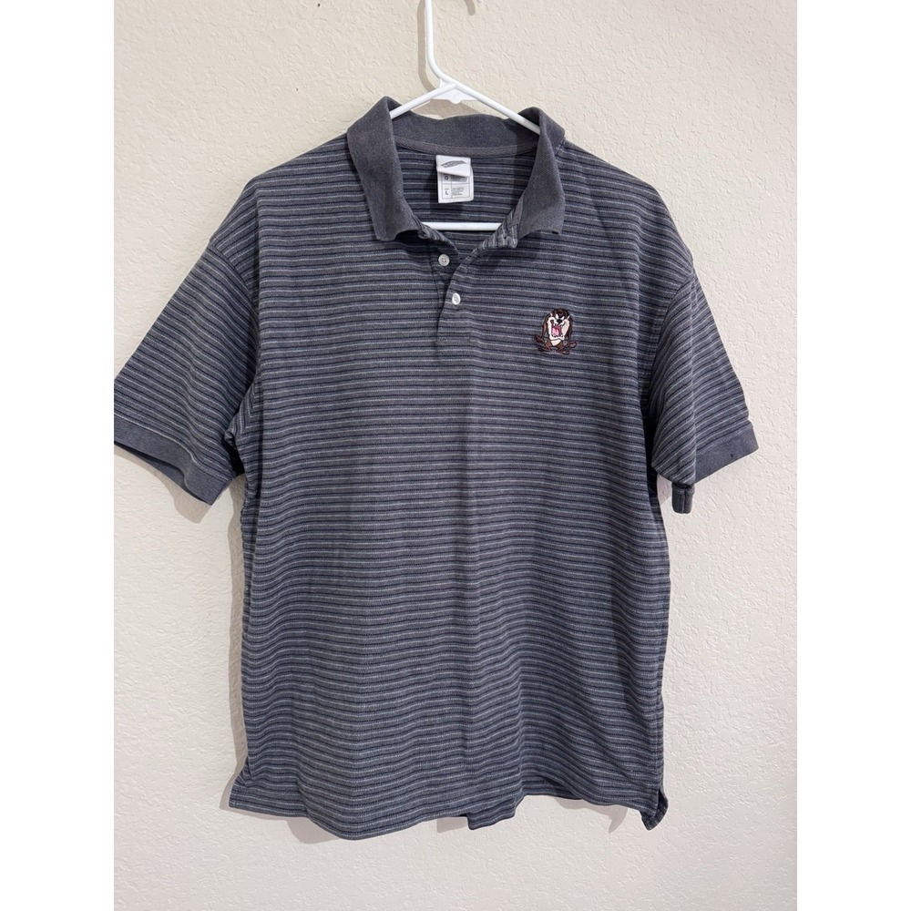 Vintage 2000 Warner Bros Studio Store Taz Striped Polo Shirt Mens Large Grey